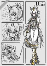 Rule 34 | 1girl, animal ears, armored boots, black souls, boots, character name, closed mouth, dress, dress flower, flower, frilled dress, frills, full body, glasses, gloves, grey background, hair between eyes, hand on own hip, highres, horns, horse ears, koshou shou mitsu, long hair, multiple views, ponytail, puffy short sleeves, puffy sleeves, purple eyes, rapier, serious, short sleeves, simple background, single horn, sketch, sword, unicorn girl, unis (black souls), weapon, white dress, white flower, white footwear, white gloves, white hair, yellow horns
