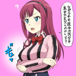 Rule 34 | 1girl, ?, beyblade, beyblade: burst, black hairband, blouse, blue eyes, bouncing breasts, bow, bowtie, breasts, christina kuroda, collared shirt, commentary request, crossed arms, from side, gradient background, hairband, long hair, looking away, meow (nekodenki), open mouth, pink background, pink shirt, purple background, red bow, red bowtie, red hair, shirt, solo, speech bubble, striped clothes, striped shirt, translation request, v-shaped eyebrows, vertical-striped clothes, vertical-striped shirt