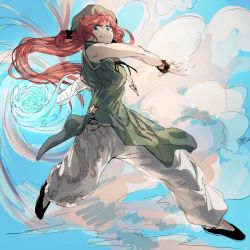 Rule 34 | 1girl, alternate costume, bandages, blue eyes, bow, bracelet, braid, chinese clothes, cloud, colorized, dress, fighting stance, geppewi, hair bow, hair ornament, hat, hong meiling, jewelry, long hair, looking at viewer, looking down, necklace, pants, pants under dress, red hair, shirt, shoes, short sleeves, sketch, smile, solo, touhou, twin braids