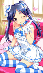 Rule 34 | 10s, 1girl, ;d, blue hair, blush, brown hair, gloves, heart, idolmaster, idolmaster (classic), idolmaster cinderella girls, kisaragi chihaya, lolita fashion, long hair, looking at viewer, nomura teruya, one eye closed, open mouth, pillow, shiny skin, sitting, smile, solo, striped clothes, striped thighhighs, thighhighs, twintails, wink