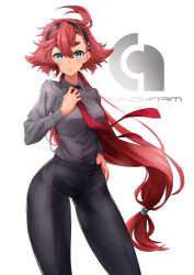 Rule 34 | 1girl, absurdres, ahoge, black hairband, breasts, formal, gundam, gundam suisei no majo, hairband, highres, logo, long hair, looking at viewer, low-tied long hair, low ponytail, necktie, pants, red hair, red necktie, shiraiwa usagi, small breasts, smile, solo, suletta mercury, thick eyebrows, thighs, very long hair, white background