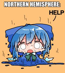 Rule 34 | 1girl, blank eyes, blue bow, blue dress, blue hair, bow, bowtie, cirno, d:, distress, dress, english text, green bow, green bowtie, hair bow, ice, ice wings, kasuya baian, looking at viewer, medium hair, melting, open mouth, orange background, pinafore dress, puddle, raised eyebrows, sleeveless, sleeveless dress, solo, steam, sweat, tearing up, touhou, wings