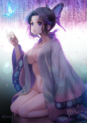 Rule 34 | 1girl, black hair, blue butterfly, breasts, bug, butterfly, butterfly hair ornament, coat, flower, from side, gradient hair, hair ornament, haori, highres, insect, japanese clothes, kimetsu no yaiba, kochou shinobu, long sleeves, medium breasts, multicolored hair, naked coat, open clothes, parted bangs, parted lips, purple butterfly, purple eyes, purple hair, short hair, solo, wide sleeves, wisteria, youshuu