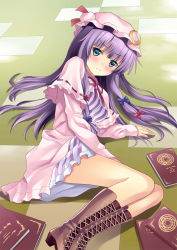 Rule 34 | 1girl, aqua eyes, bad id, bad pixiv id, blue eyes, blush, book, boots, bow, crescent, cross-laced footwear, dress, female focus, hair bow, hat, highres, lace-up boots, legs, long hair, lying, on side, patchouli knowledge, purple hair, rasahan, ribbon, solo, touhou