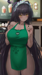 Rule 34 | 1girl, apron, b-pang, bare shoulders, barista, black hair, blue archive, blush, bottomless, breasts, cleavage, collarbone, dark-skinned female, dark skin, duplicate, green apron, highres, holding, holding marker, iced latte with breast milk (meme), karin (blue archive), large breasts, long hair, looking at viewer, marker, meme, naked apron, pixel-perfect duplicate, revision, thighs, topless, yellow eyes