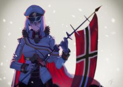 Rule 34 | 1girl, azur lane, blue eyes, cape, choker, earrings, flag, fur collar, gloves, hair between eyes, hat, hayabusa (vert 320), highres, holding, holding flag, jewelry, looking at viewer, mast, military, military uniform, open mouth, peaked cap, red cape, short hair, signature, silver hair, solo, tirpitz (azur lane), uniform, upper body, white gloves, wrist cuffs
