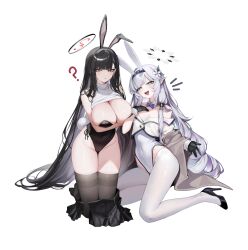 2girls alternate_costume animal_ears bare_shoulders black_footwear black_gloves black_hair black_hairband black_leotard black_skirt black_thighhighs blue_archive blush breasts bright_pupils cleavage clothes_lift commentary_request covered_navel detached_collar earclip fake_animal_ears fake_tail flower gloves hair_flower hair_ornament hair_tubes hairband hairclip hairpin halo hand_up high_heels highres himari_(blue_archive) kneeling korean_commentary large_breasts leotard long_hair looking_at_viewer looking_to_the_side mole mole_under_eye multiple_girls ness_(pjw0168) no_halo no_shoes open_mouth pantyhose playboy_bunny pleated_skirt pointy_ears rabbit_ears rabbit_tail red_eyes rio_(blue_archive) simple_background sitting skirt sleeveless sleeveless_sweater smile strapless strapless_leotard striped_clothes striped_hairband sweater sweater_lift tail thighhighs thighs turtleneck turtleneck_sweater unworn_skirt very_long_hair white_background white_flower white_leotard white_pantyhose white_pupils white_sweater