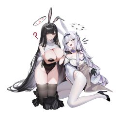 Rule 34 | 2girls, alternate costume, animal ears, bare shoulders, black footwear, black gloves, black hair, black hairband, black leotard, black skirt, black thighhighs, blue archive, blush, breasts, bright pupils, cleavage, clothes lift, commentary request, covered navel, detached collar, earclip, fake animal ears, fake tail, flower, gloves, hair flower, hair ornament, hair tubes, hairband, hairclip, hairpin, halo, hand up, high heels, highres, himari (blue archive), kneeling, korean commentary, large breasts, leotard, long hair, looking at viewer, looking to the side, mole, mole under eye, multiple girls, ness (pjw0168), no halo, no shoes, open mouth, pantyhose, playboy bunny, pleated skirt, pointy ears, rabbit ears, rabbit tail, red eyes, rio (blue archive), simple background, sitting, skirt, sleeveless, sleeveless sweater, smile, strapless, strapless leotard, striped clothes, striped hairband, sweater, sweater lift, tail, thighhighs, thighs, turtleneck, turtleneck sweater, unworn skirt, very long hair, white background, white flower, white leotard, white pantyhose, white pupils, white sweater