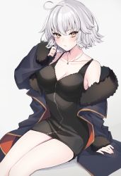 Rule 34 | ahoge, black dress, blush, breasts, cape, cleavage, closed mouth, collarbone, commentary request, dress, fate/grand order, fate (series), fur-trimmed cape, fur collar, fur trim, highres, jeanne d&#039;arc (fate), jeanne d&#039;arc alter (avenger) (fate), jeanne d&#039;arc alter (fate), jewelry, large breasts, legs, looking at viewer, necklace, neko-san (dim.dream), off shoulder, pale skin, short dress, short hair, silver hair, sitting, solo, yellow eyes