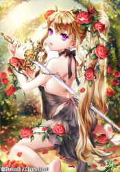 Rule 34 | 1girl, barefoot, black dress, blonde hair, character request, copyright name, dress, esphy, flower, hair flower, hair ornament, holding, holding weapon, long hair, looking at viewer, mystic blood, open mouth, ponytail, purple eyes, rose, see-through, sitting, solo, sword, weapon