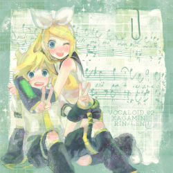 Rule 34 | 1boy, 1girl, bad id, bad pixiv id, beamed quavers, blonde hair, blue eyes, brother and sister, kagamine len, kagamine rin, kinohe, musical note, one eye closed, paperclip, quaver, quaver rest, sheet music, siblings, twins, v, vocaloid, wink