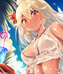 Rule 34 | 10s, 1girl, bikini, blonde hair, breasts, cup, dark-skinned female, dark skin, drinking glass, drinking straw, flower, granblue fantasy, hair flower, hair ornament, hato haru, highres, holding, holding tray, large breasts, multicolored hair, red eyes, see-through, shirt, smile, solo, swimsuit, tray, two-tone hair, wet, wet clothes, wet shirt, white bikini, white hair, zooey (granblue fantasy), zooey (summer) (granblue fantasy)