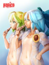 Rule 34 | 2girls, ahoge, axe r18, blue background, blue eyes, blue hair, bottomless, breasts, cirno, collarbone, covered erect nipples, cowboy shot, daiyousei, eyelashes, flat chest, flower, gradient background, green eyes, green hair, hair ribbon, half updo, hand on own hip, multiple girls, naked shirt, navel, one-piece tan, open clothes, open shirt, out-of-frame censoring, papico (ice cream), product placement, profile, ribbon, shirt, short sleeves, small breasts, sunflower, tan, tanline, tanned cirno, touhou, wet, wet clothes, wet shirt