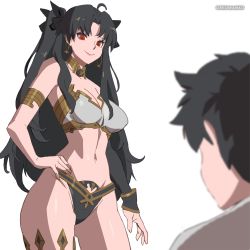 Rule 34 | 1boy, 1girl, absurdres, armlet, breasts, curvy, detached sleeves, earrings, fate/grand order, fate (series), hair ribbon, hand on own hip, highleg, highleg panties, highres, ishtar (fate), jewelry, large breasts, long hair, looking at another, navel, oreomanko, panties, red eyes, ribbon, shiny skin, short hair, simple background, single detached sleeve, single thighhigh, smile, thighhighs, thong, tiara, twintails, underwear, upper body, white background