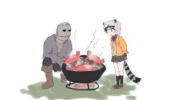 Rule 34 | 1boy, 1girl, absurdres, animal ears, black hair, blackguard big boggart, boiling, boots, bow, bowtie, cooking, crab, crab-eating raccoon (kemono friends), crossover, cut (kfcut), drooling, elden ring, fire, full body, grey hair, helm, helmet, highres, hungry, kemono friends, looking at another, multicolored hair, pants, raccoon ears, raccoon girl, raccoon tail, shirt, shoes, short hair, sketch, skirt, smile, socks, squatting, standing, tail, water, white hair