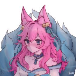 Rule 34 | 1girl, ahri (league of legends), animal ear fluff, animal ears, bare shoulders, breasts, cleavage, closed mouth, collarbone, commentary request, expressionless, fox ears, fox tail, green ribbon, grey background, hair ornament, hair ribbon, highres, large breasts, league of legends, long hair, multiple tails, neck ribbon, pink hair, portrait, ribbon, simple background, solo, spirit blossom (league of legends), spirit blossom ahri, tail, upper body, vastaya, xi er