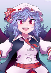 Rule 34 | 1girl, absurdres, ascot, bat wings, blue background, blue hair, blush, buttons, collared shirt, commentary request, fang, flat chest, frilled ascot, frilled shirt collar, frills, hat, hat ribbon, highres, kduf, looking at viewer, mob cap, open mouth, pink hat, pink shirt, puffy short sleeves, puffy sleeves, red ascot, red eyes, red ribbon, red sash, red skirt, remilia scarlet, ribbon, sash, shirt, short hair, short sleeves, skirt, slit pupils, smile, solo, teeth, touhou, twitter username, upper body, upper teeth only, wings
