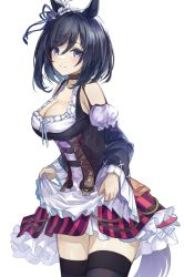 Rule 34 | 1girl, absurdres, animal ears, black hair, black thighhighs, blue eyes, blue ribbon, blush, bow, breasts, cleavage, closed mouth, ear ribbon, eishin flash (umamusume), hair between eyes, highres, horse ears, horse girl, horse tail, lifting own clothes, looking at viewer, red skirt, ribbon, shino sto, short hair, simple background, skirt, smile, solo, striped clothes, striped skirt, tail, thighhighs, thighs, umamusume, vertical-striped clothes, vertical-striped skirt, white background, zettai ryouiki