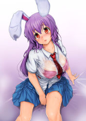 Rule 34 | 1girl, animal ears, between breasts, blue skirt, blush, bra, bra visible through clothes, breasts, collared shirt, covered erect nipples, dress shirt, large breasts, long hair, looking at viewer, miniskirt, necktie, necktie between breasts, pink bra, pleated skirt, purple hair, rabbit ears, red eyes, red necktie, reisen udongein inaba, see-through, shirt, sitting, skirt, solo, touhou, underwear, wc3215410, wet, wet clothes, white shirt