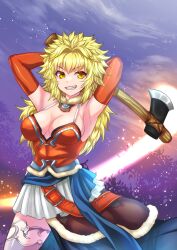 Rule 34 | 1girl, alkanese rize, arms behind head, axe, blonde hair, breasts, bridal gauntlets, cleavage, commission, grin, holding, holding axe, large breasts, looking at viewer, messy hair, rance (series), red bridal gauntlets, shirt, skeb commission, skirt, sleeveless, sleeveless shirt, smile, white skirt, yakou (mofumofu117117), yellow eyes