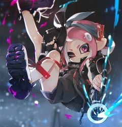 1girl, bandanna, black footwear, black jacket, black shirt, black shorts, blurry, blurry background, blurry foreground, closed mouth, commentary, depth of field, dolphin shorts, dual wielding, ear clip, falling, frown, fuzuki fuuro, holding, holding weapon, jacket, logo, long sleeves, looking at viewer, makeup, mascara, medium hair, nintendo, octoling, one eye closed, open clothes, open jacket, pointy ears, purple eyes, red hair, shirt, shoes, short shorts, shorts, solo, splatoon (series), splatoon 2, suction cups, tentacle hair, weapon