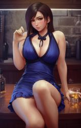 Rule 34 | 1girl, alternate costume, bar (place), black hair, blue dress, breasts, brown eyes, cleavage, crescent, crescent earrings, cup, dress, drink, drinking glass, earrings, final fantasy, final fantasy vii, final fantasy vii remake, highres, jewelry, large breasts, legs, looking at viewer, parted lips, revision, sciamano240, short dress, sitting, sleeveless, sleeveless dress, smile, solo, swept bangs, thighs, tifa lockhart, tifa lockhart (refined dress), wall market