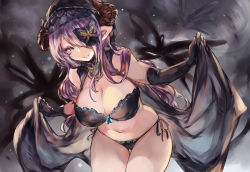 Rule 34 | 1girl, asymmetrical gloves, bare shoulders, black bra, black gloves, black panties, blue eyes, bra, breasts, butterfly hair ornament, cape, cleavage, commentary request, draph, elbow gloves, fingerless gloves, gloves, granblue fantasy, grin, hair ornament, hair over one eye, highres, hood, horns, large breasts, leaning forward, long hair, mi bait, mismatched gloves, narmaya (granblue fantasy), narmaya (the black butterfly) (granblue fantasy), navel, panties, pointy ears, purple hair, short hair, smile, solo, standing, teeth, thigh gap, underwear