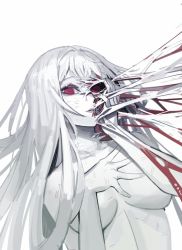 Rule 34 | 1girl, bad id, bad twitter id, collarbone, completely nude, deep wound, exposed muscle, eyeball, fingernails, greyscale, hand on own face, injury, long hair, looking at viewer, maenoo, monochrome, nude, original, red eyes, scratches, simple background, solo, teeth, very long hair, white background, white hair