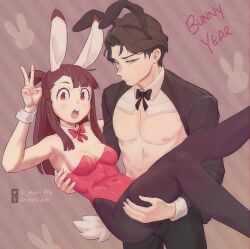 Rule 34 | 1boy, 1girl, andrew hanbridge, animal ears, black hair, black pantyhose, blush, bow, bowtie, breasts, brown hair, carrying, chinese zodiac, cleavage, closed mouth, covered navel, detached collar, english text, fake animal ears, green eyes, hairband, highleg, highleg leotard, highres, kagari atsuko, leotard, little witch academia, long hair, looking at viewer, marii pily, open mouth, pantyhose, princess carry, rabbit ears, rabbit girl, rabbit tail, red bow, red bowtie, red eyes, red leotard, short hair, small breasts, strapless, strapless leotard, tail, tumblr logo, tumblr username, twitter logo, twitter username, v, wrist cuffs, year of the rabbit
