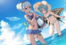 Rule 34 | 2girls, alternate hairstyle, antennae, ball, bare arms, bare legs, bare shoulders, barefoot, beachball, bikini, bikini skirt, blue eyes, blue hair, blue sky, butterfly wings, cirno, cloud, crop top, day, eating, eternity larva, food, green bikini, hair bun, hair ornament, hair ribbon, hair up, hajin, halterneck, hat, holding, holding food, ice, ice wings, insect wings, leaf hair ornament, leg up, looking at viewer, melting, multiple girls, navel, outdoors, popsicle, ribbon, single hair bun, sky, stomach, summer, sun hat, swimsuit, tan, tanned cirno, touhou, wading, wings