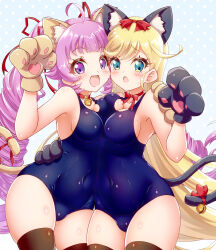 Rule 34 | animal ears, aozora himari, blush, breast press, cat ears, cat paws, cat tail, collar, himitsu no aipri, neck bell, pretty series, school swimsuit, shiny clothes, smile, swimsuit, tail, thighhighs, yakisoba (kaz2113)