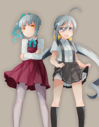 Rule 34 | 2girls, :d, ahoge, bad id, bad pixiv id, black socks, blouse, blue bow, bow, bowtie, clothes lift, comah, cosplay, costume switch, crossed arms, frilled skirt, frills, front-seamed legwear, frown, gradient hair, grey background, grey eyes, grey legwear, grey skirt, hair bow, kantai collection, kasumi (kancolle), kasumi (kancolle) (cosplay), kiyoshimo (kancolle), kiyoshimo (kancolle) (cosplay), kneehighs, long sleeves, looking at viewer, low twintails, multicolored hair, multiple girls, open mouth, pantyhose, pleated skirt, purple skirt, school uniform, seamed legwear, shirt, side-by-side, side ponytail, silver hair, simple background, skirt, skirt lift, smile, socks, suspenders, twintails, yellow bow, yellow eyes