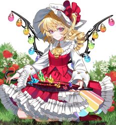 Rule 34 | 1girl, blonde hair, blue eyes, bug, butterfly, crystal, flandre scarlet, flower, frilled skirt, frills, grass, hat, hat ribbon, highres, holding, holding umbrella, insect, long hair, long sleeves, nubezon, on ground, red eyes, red umbrella, ribbon, seiza, short hair, side ponytail, simple background, sitting, skirt, solo, touhou, two-tone eyes, umbrella, wings