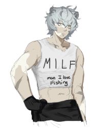 Rule 34 | 1boy, abs, animal ears, arknights, bags under eyes, bear boy, bear ears, bearywobbly, bishounen, commentary, english commentary, english text, jaye (arknights), male focus, meme, simple background, sketch, solo, tank top, tired, toned, toned male, white background, white hair