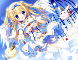 Rule 34 | 1girl, absurdres, blonde hair, blue bow, blue eyes, blue hairband, blush, bow, breasts, feathered wings, floating hair, garter straps, hairband, highres, long hair, looking at viewer, medium breasts, midriff, navel, open mouth, original, outstretched arm, solo, striped clothes, striped thighhighs, tanoma suzume, thighhighs, underboob, vertical-striped clothes, vertical-striped thighhighs, white thighhighs, white wings, wings