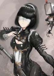Rule 34 | 1girl, absurdres, bandages, bandages over eyes, black hair, blunt bangs, bob cut, breasts, cleavage, cleavage cutout, closed mouth, clothing cutout, cosplay, embers, frills, hairband, highres, kajuu, katana, nier:automata, nier (series), pink lips, pod (nier:automata), puffy sleeves, scabbard, shadowverse, sheath, sheathed, short hair, sword, turtleneck, weapon, white hairband, 2b (nier:automata), 2b (nier:automata) (cosplay)