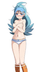 Rule 34 | 1girl, antenna hair, bare arms, bare shoulders, blue eyes, blue hair, blue hat, blush, bow, bow panties, breasts, cleavage, collarbone, covering breasts, covering privates, creatures (company), crossed arms, crying, crying with eyes open, frilled panties, frills, game freak, hand on breasts, hat, kahili (pokemon), kneehighs, long hair, looking at viewer, medium breasts, messy hair, mole, mole under eye, navel, nintendo, no pants, no shirt, orange socks, panties, pokemon, pokemon sm, simple background, socks, solo, sweat, tears, topless, torn clothes, torn legwear, torn socks, tsukishiro saika, underwear, underwear only, visor cap, white background, white panties