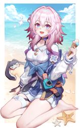 Rule 34 | 1girl, @ @, barefoot, beach, blue eyes, blue skirt, blue sky, blush, breasts, camera, cloud, day, feet, fingerless gloves, food, gloves, hair between eyes, highres, holding, holding food, holding ice cream, honkai: star rail, honkai (series), ice cream, jacket, long hair, long sleeves, looking at viewer, march 7th (honkai: star rail), medium breasts, multicolored eyes, open mouth, outdoors, pink hair, pom-pom (honkai: star rail), purple eyes, sand, shirt, single fingerless glove, sitting, skirt, sky, smile, sparkle, starfish, tied jacket, wangzili shitoumen, water, white shirt