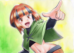 Rule 34 | 1girl, :d, belt, black belt, black hair, black shirt, blunt bangs, blush, brown eyes, brown hair, brown shorts, capelet, commentary, creatures (company), cropped shirt, eyelashes, game freak, gardenia (pokemon), green capelet, highres, long sleeves, looking to the side, multicolored background, multicolored hair, navel, nintendo, oka mochi, open mouth, pointing, pokemon, pokemon dppt, shirt, short hair, shorts, smile, solo, tongue, traditional media, two-tone hair