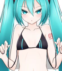Rule 34 | 1girl, arm tattoo, bare arms, bikini, black bikini, blue eyes, blue hair, blush, breasts, cleavage, collarbone, hair between eyes, hair ornament, hatsune miku, highres, kkethics, long hair, looking at viewer, number tattoo, open mouth, small breasts, solo, swimsuit, tattoo, twintails, untied bikini, upper body, very long hair, vocaloid