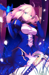 Rule 34 | 1girl, absurdres, ahoge, artoria pendragon (all), artoria pendragon (fate), bird, bird on hand, blonde hair, blue eyes, breasts, cleavage, dress, fate/stay night, fate (series), forest, hand in own hair, highres, long hair, medium breasts, nature, paperfinger, parted lips, petals, saber (fate), sitting, solo, sword, weapon, white dress