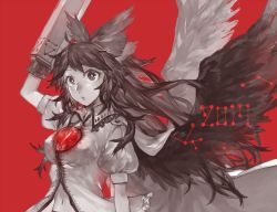 Rule 34 | 1girl, 2017, ahoge, arm cannon, arm up, bird wings, blouse, blush, bow, breasts, bright pupils, cape, hair bow, highres, long hair, looking at viewer, medium breasts, monochrome, navel, parted lips, puffy short sleeves, puffy sleeves, red background, reiuji utsuho, shidaccc, shirt, short sleeves, simple background, solo, spot color, third eye, touhou, upper body, very long hair, weapon, white pupils, wings