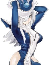 Rule 34 | 1girl, absurdres, blue bodysuit, blue eyes, blue headwear, bodysuit, bontomu, breasts, commentary, duel monster, expressionless, hair over one eye, highres, hip vent, holding headdress, long hair, medium breasts, one eye covered, silent magician, solo, white background, white hair, yu-gi-oh!