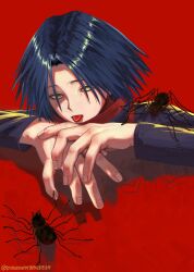 Rule 34 | 1boy, :p, absurdres, animal, animal on shoulder, black cloak, blue hair, bug, cloak, commentary, drop shadow, feitan portor, fingernails, hair over eyes, highres, hunter x hunter, long sleeves, looking at viewer, male focus, own hands together, parted bangs, portrait, red background, short hair, simple background, spider, tongue, tongue out, turtleneck, twitter username, yamamor12490807, yellow eyes