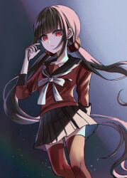 Rule 34 | 1girl, blunt bangs, brown hair, danganronpa (series), danganronpa v3: killing harmony, hair ornament, hair scrunchie, hand up, harukawa maki, long hair, long sleeves, looking at viewer, low twintails, miniskirt, mole, mole under eye, pleated skirt, red eyes, red scrunchie, red shirt, red thighhighs, rishaku (user cuwx8758), sailor collar, school uniform, scrunchie, shirt, skirt, solo, thighhighs, twintails