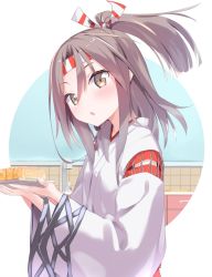 Rule 34 | 1girl, :o, blush, brown eyes, food, hachimaki, hair ribbon, headband, highres, holding, holding food, indoors, japanese clothes, kantai collection, kitchen, light brown hair, long hair, looking at viewer, natsuki (gedo), omelet, open mouth, ponytail, ribbon, solo, tamagoyaki, upper body, white background, zuihou (kancolle)