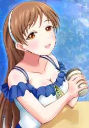 Rule 34 | 10s, 1girl, breasts, brown eyes, brown hair, cleavage, coffee cup, cup, disposable cup, drinking straw, hairband, highres, idolmaster, idolmaster cinderella girls, long hair, looking at viewer, medium breasts, nikukyuu (vento-aureo-giogio), nitta minami, open mouth, smile, solo
