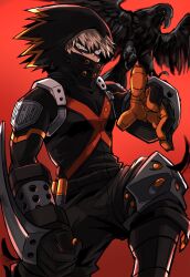 Rule 34 | 1boy, alternate eye color, animal, ankle boots, arm at side, badge, baggy pants, bakugou katsuki, belt, bird, black belt, black bird, black feathers, black footwear, black gloves, black mask, black pants, blonde hair, boku no hero academia, boots, buckle, chiyaya, closed mouth, clothing request, crow, eye mask, falling feathers, feathers, frown, gloves, hair between eyes, hand up, high collar, highres, hood, hood up, knee pads, landing, light, looking at viewer, looking to the side, male focus, official alternate costume, orange eyes, orange gloves, pants, red background, sanpaku, short hair, sideways glance, snap-fit buckle, spiked hair, stepping, two-tone gloves, upper body, x
