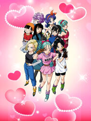 Rule 34 | 6+girls, android 18, black eyes, black hair, blue eyes, blue hair, bra (dragon ball), breasts, bulma, chi-chi (dragon ball), chinese clothes, closed eyes, denim, dragon ball, dragon ball gt, dragon ball super, dragon ball z dokkan battle, dragonball z, fingerless gloves, gloves, hair ribbon, hairband, hand in own hair, hand on own hip, heart, jeans, looking back, lunch (dragon ball), lunch (good) (dragon ball), mai (dragon ball), medium breasts, multiple girls, official art, one eye closed, pan (dragon ball), pants, purple hair, ranfan, ribbon, skirt, small breasts, smile, twintails, videl, wink