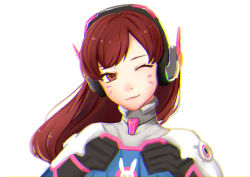 Rule 34 | 1girl, ;), absurdres, armor, bad id, bad pixiv id, bodysuit, brown eyes, brown hair, closed mouth, d.va (overwatch), facepaint, facial mark, headphones, highres, long hair, looking at viewer, one eye closed, overwatch, overwatch 1, pauldrons, pilot suit, pink lips, ribbed bodysuit, shoulder armor, shoulder pads, simple background, smile, solo, tofu52, turtleneck, upper body, whisker markings, white background